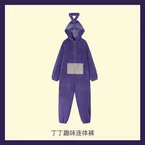 Miniso New Teletubbies Cartoon Adult Coral Fleece Hooded Jumpsuit Costume Adult Onesie Pajamas Unisex Clothes Cosplay Homewear ? - Seprincess