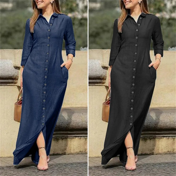 2023 Autumn Elegant Women's Denim Dress Long Sleeve Buttons Shirt Long Dress Female Fashion New Elegant Casual Ladies Clothes - Seprincess