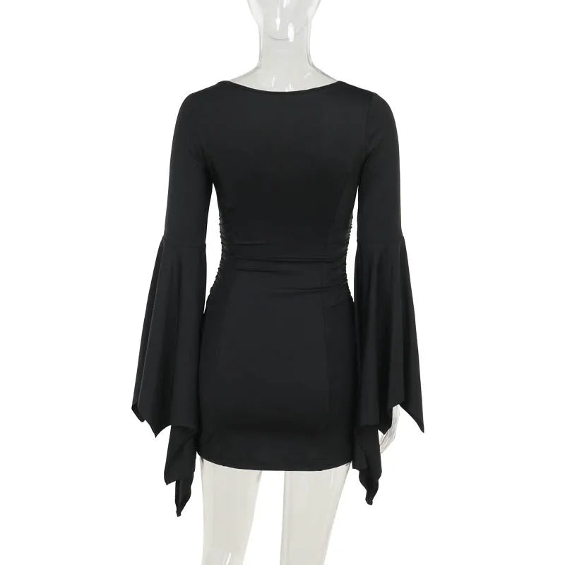 goth dark Cospaly Partywear Women Fashion Batwing Sleeve Mini Dress Elegant Slim Pleat Bodycon Dresses Mall Gothic Alt Teachwear - Seprincess