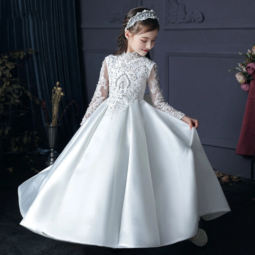 Graceful High Collar Long Sleeve Princess For School Performance Party Exquisite Appliques Beads Dresses For Girls Catwalk - Seprincess