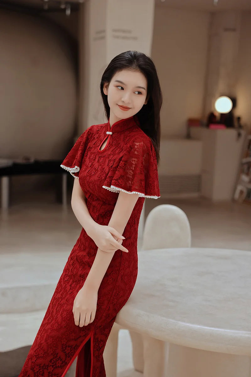 Red Cheongsam Chinese Women Lace Qipao Long Quipao Chinese Traditional Clostume Wedding Party Evening Dress Clothes - Seprincess