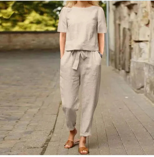 Women's Pullover Shirt And Pants Two-piece Set 2024 Women's Cotton And Linen Summer Suit Short Sleeved O-neck Outfit Pants - Seprincess