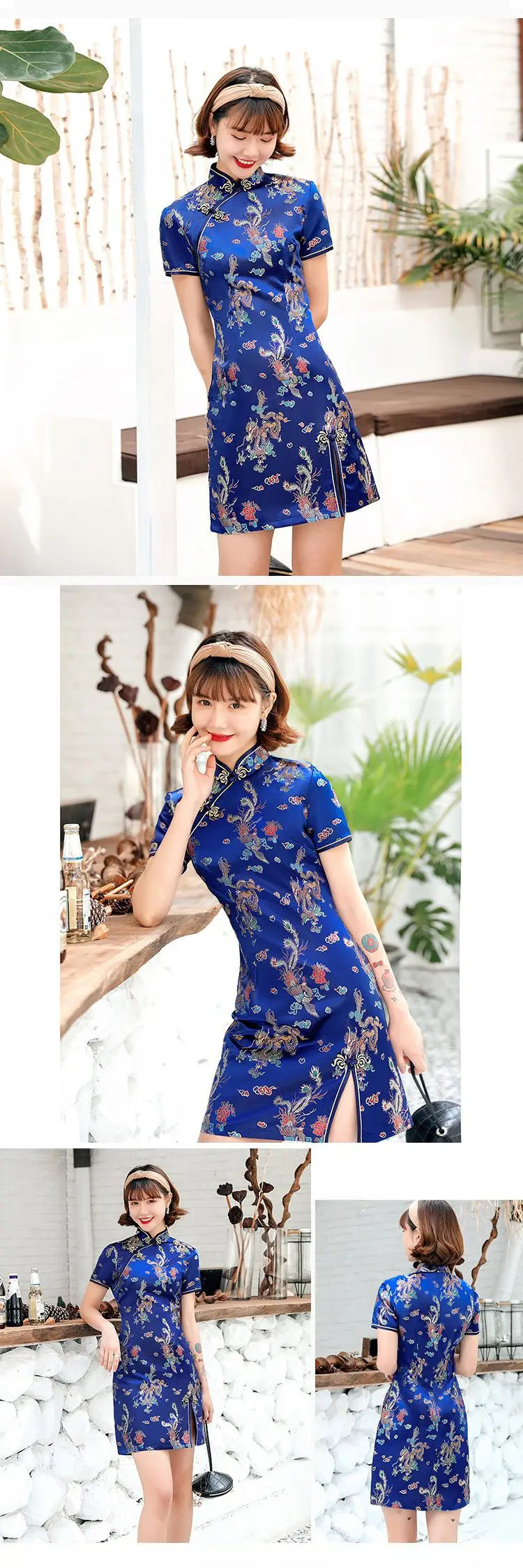 Front Fork Dragon&Phoenix Qipao Elegant Women Cheongsam Old Shanghai Mandarin Collar Sexy Short Chinese Dress Vestido - Seprincess