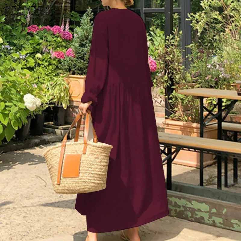 Women's Elegant Solid Cotton Robe Femme 2022 Spring Autumn Bohemian Maxi Dress ZANZEA Casual Long Sleeve Shirt Dresses Oversized - Seprincess