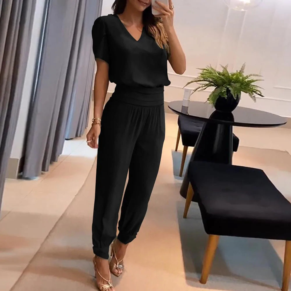 Women's Set 2024 New Fashion And Casual V-neck Printed Short Sleeved Shirt Pants Set Two Piece Set Ladies Outfits Femme Conjunto - Seprincess