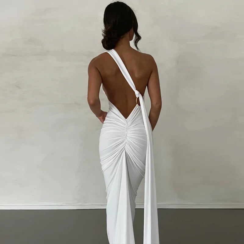 Womens Elegant Evening Party Cocktail Long Dress Sexy Backless Open Back Ruched Slim Bodycon Formal Wedding Guest Maxi Dress