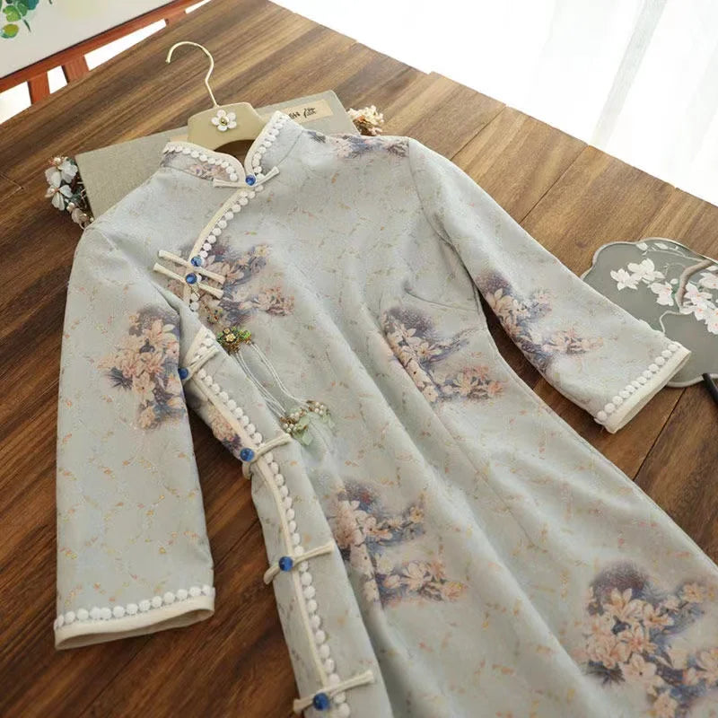 Autumn Elegant Slim Chinese Traditional Dress Women Hanfu Long Sleeve Qipao Shawl Two-piece Set Female Vestido Chino Cheongsams - Seprincess