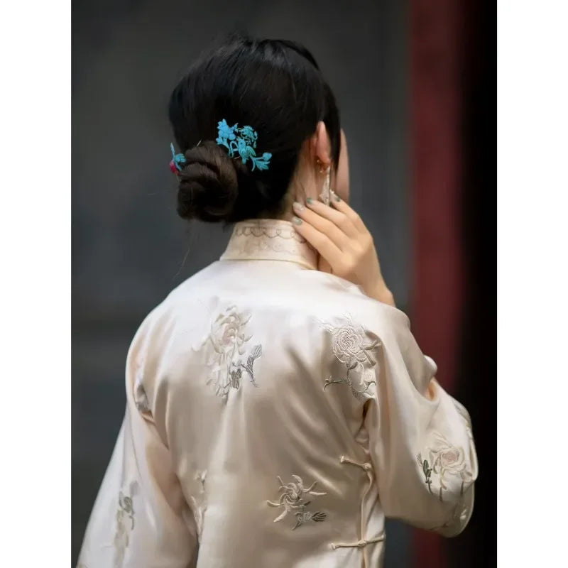 Vintage Beige Satin Stand Collar Floral Embroidery Slim Fit Cheongsam Dress High Quality Banquet Dress for Women Chinese Wedding - Seprincess