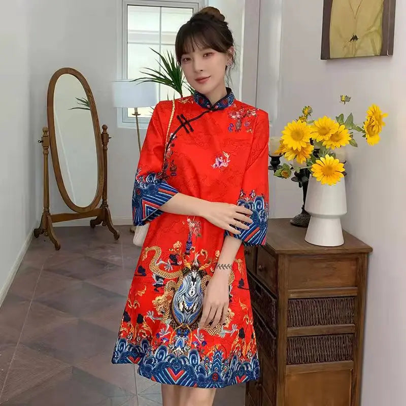 Red Blue Loose 2024 New Fashion Modern Chinese Cheongsam A-line Dress Women 3/4 Sleeve Qipao Traditional Chinese Clothes - Seprincess