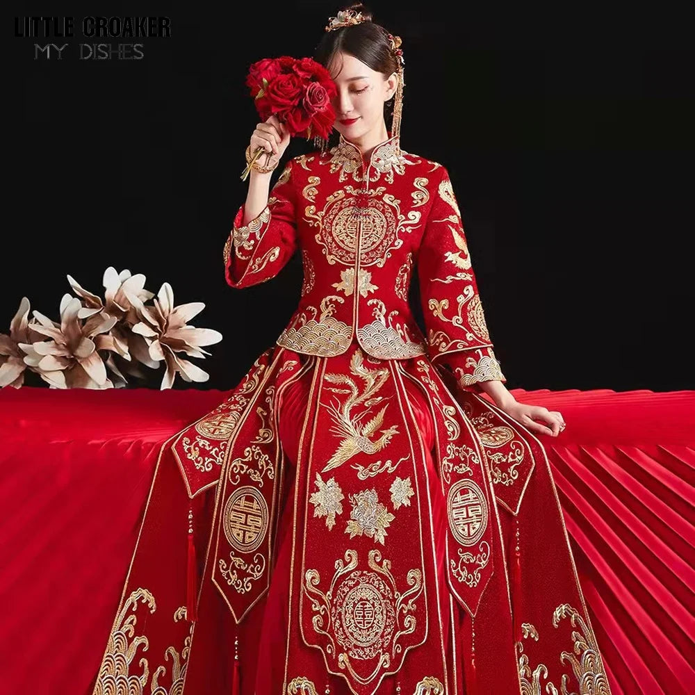 Modern Cheongsam Top + Skirt Suit Red Qipao Long Chinese Traditional Wedding Dress Oriental Style Xiuhefu Dresses - Seprincess