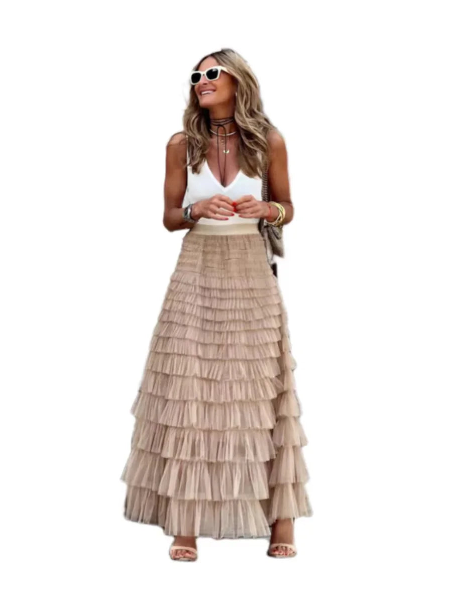 2024 New Casual Womens Solid Ball Gown Long Skirt Tulle High Waist Pleated Elegant Ladies Wild Mesh Dating Maxi Skirts Drop - Seprincess