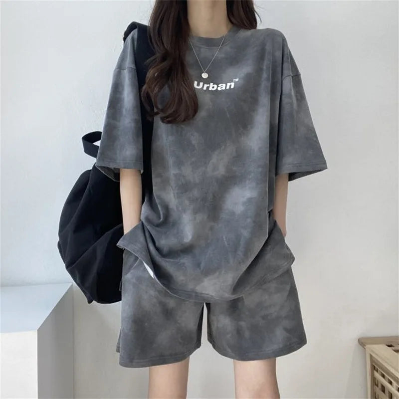 Women T-Shirt Shorts Suit Set Casual Tie Dye Loose tshirt and wide leg middle shorts with pockets female Soft Summer Shorts Sets - Seprincess