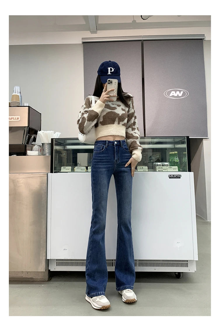 Winter Warm Women's Jeans Fashion Slim Thicken Fleece Flared Pants High Waist Elastic Skinny Velvet Plus Length Female Jeans