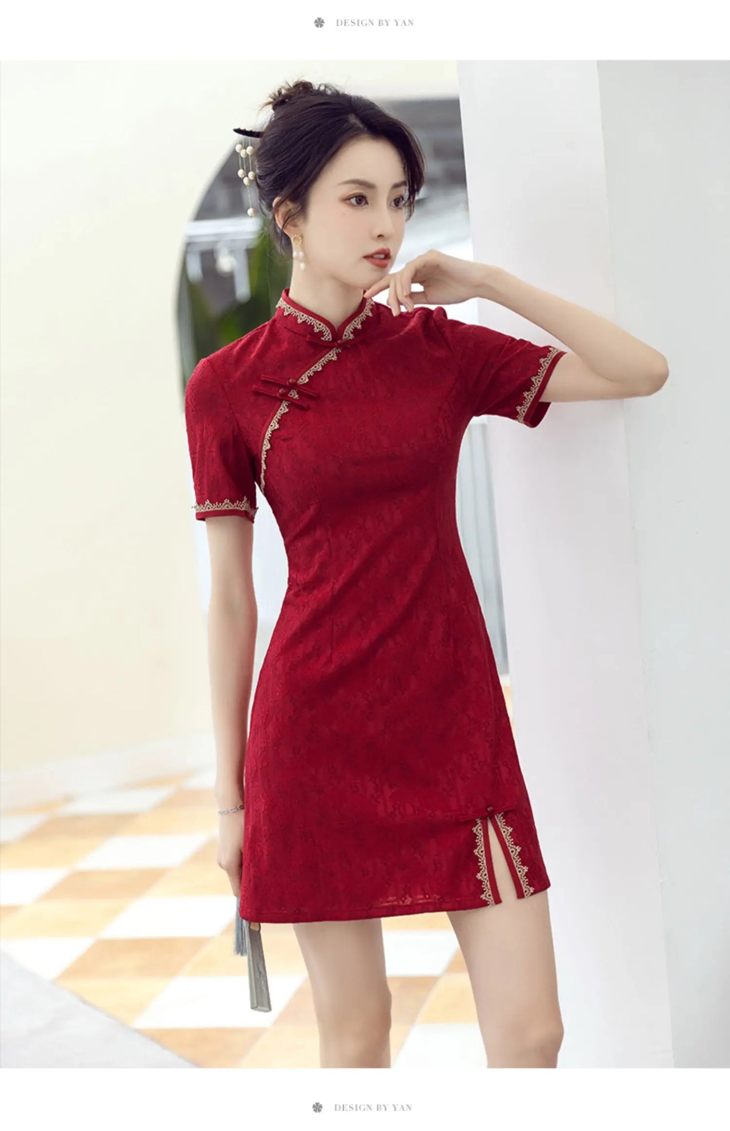 Traditional Chinese Clothing Red Cheongsam Summer New Modern Improved Young Short Qipao Dress New Year CNY - Seprincess