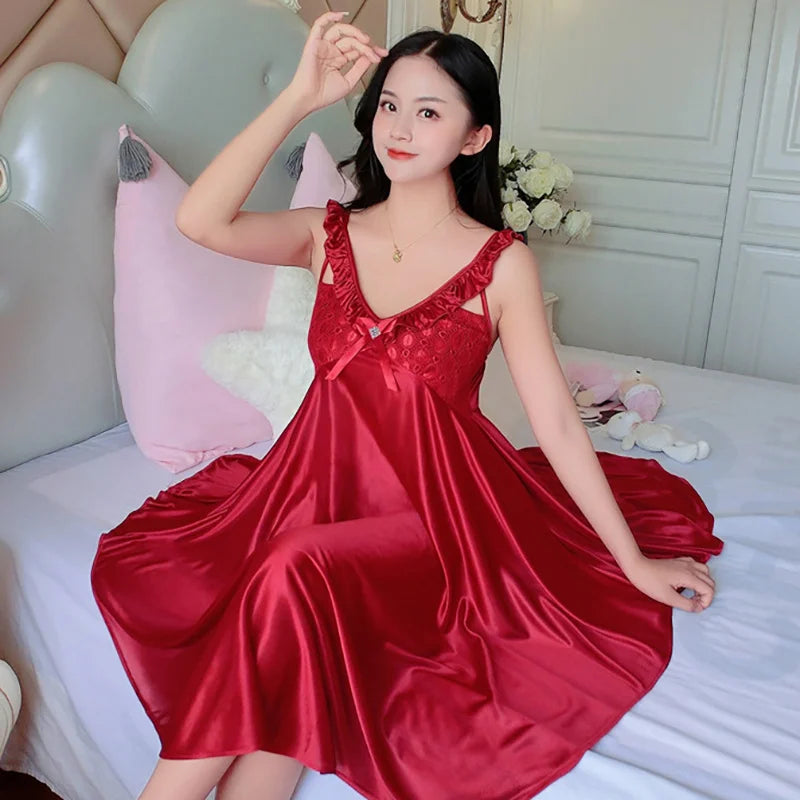 Thin Silk Lady Charming Sleepwear Night Dress Women Sexy Soft Lingerie Spaghetti Strap Home Wear Honeymoon Bride Wedding Nighty