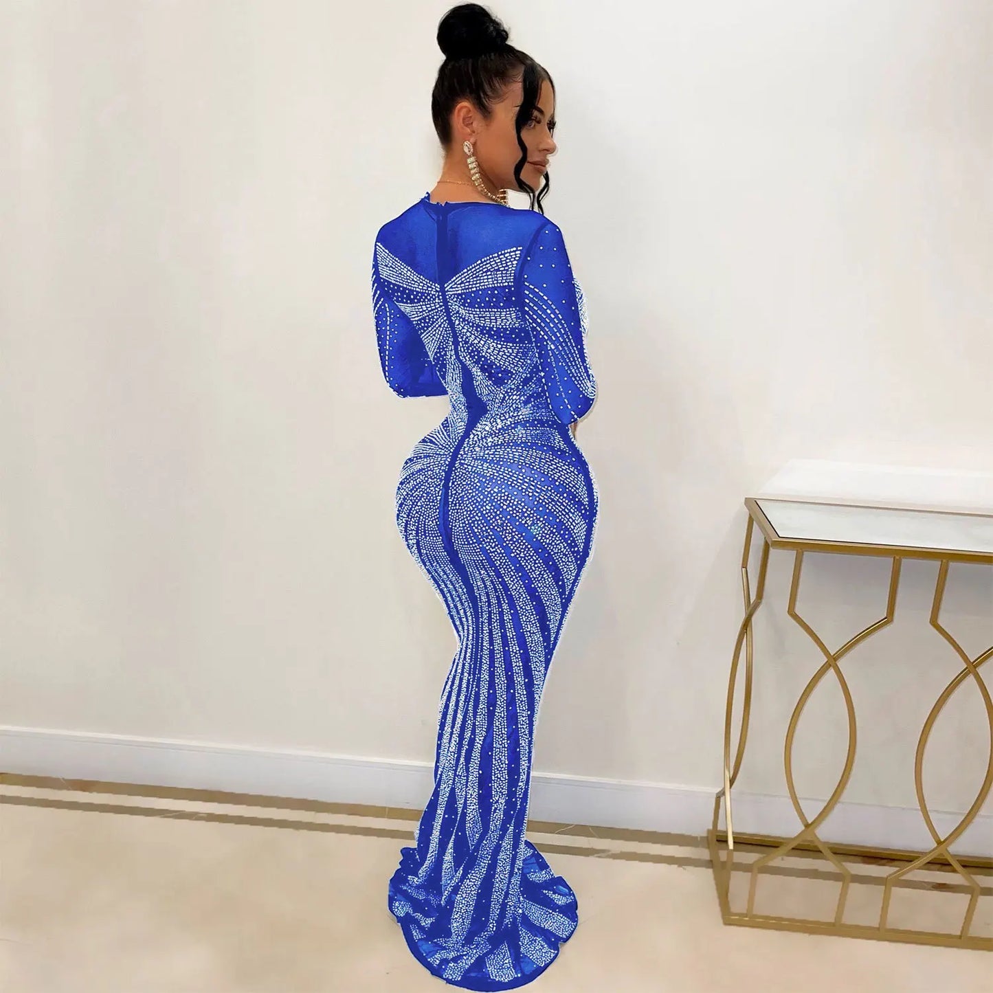 Sexy Rhinestone Crystal Mesh See Through Maxi Dress New Women Long Sleeve Birthday Night Clubwear Long Dress Wedding Party Dress - Seprincess