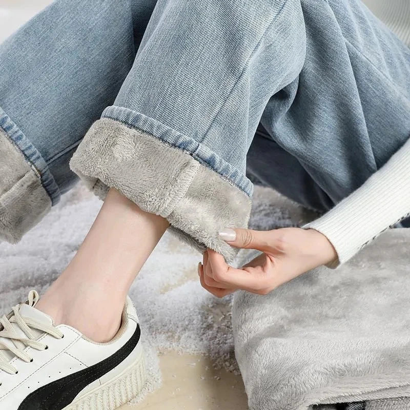 Straight Velvet Lined Baggy Jeans Pants Women Warm Plush Wide Leg Vaqueros Pantalones Thick Loose Vintage Winter Denim Trousers