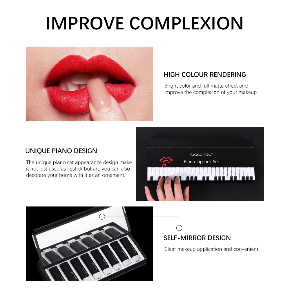 8Pcs/Set Velvet Matte Lipstick Set Long Lasting Waterproof Creative Piano Box Design Nude Red Batom Makeup Cosmetic Gifts - Seprincess