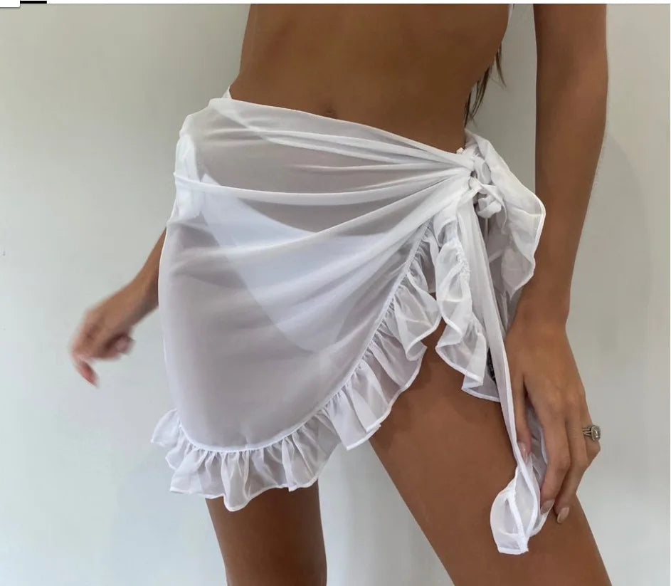 Women Wrap Short Beach Cover-Ups Skirts Sexy Swimsuit Bikini Chiffon Pareo Sarong Thin Transparent Ruffle Wrap Sheer Sheer Skirt - Seprincess