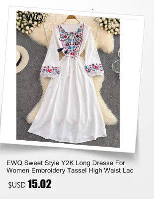 EWQ Sweet Style Y2K Women Nice Foreve Dress Embroidery O-neck Bandage Long-sleeve White Dresses Womens Spring Summer 2023 New - Seprincess