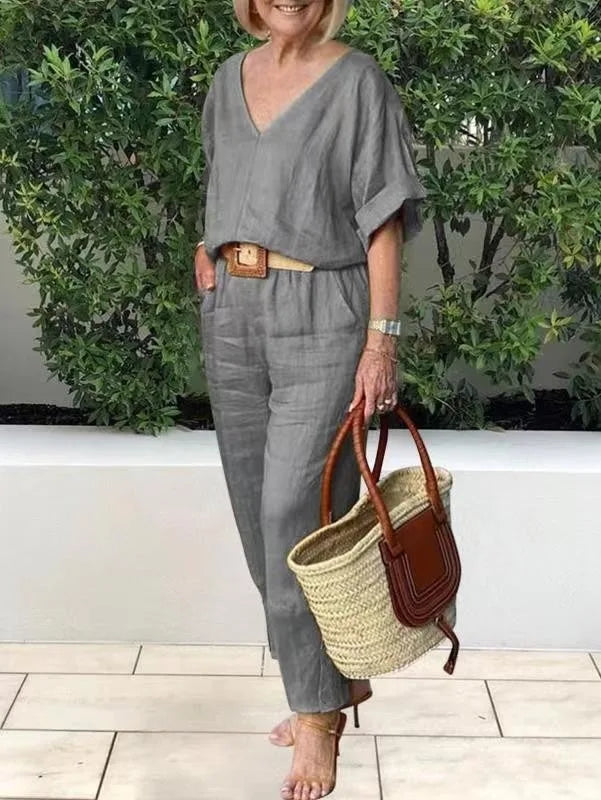 2 piece sets women outfit Women Suits Gray V-neck Short Sleeve Tops Wide Leg Pants Loose 2-piece Set Women Casual Women Clothes - Seprincess