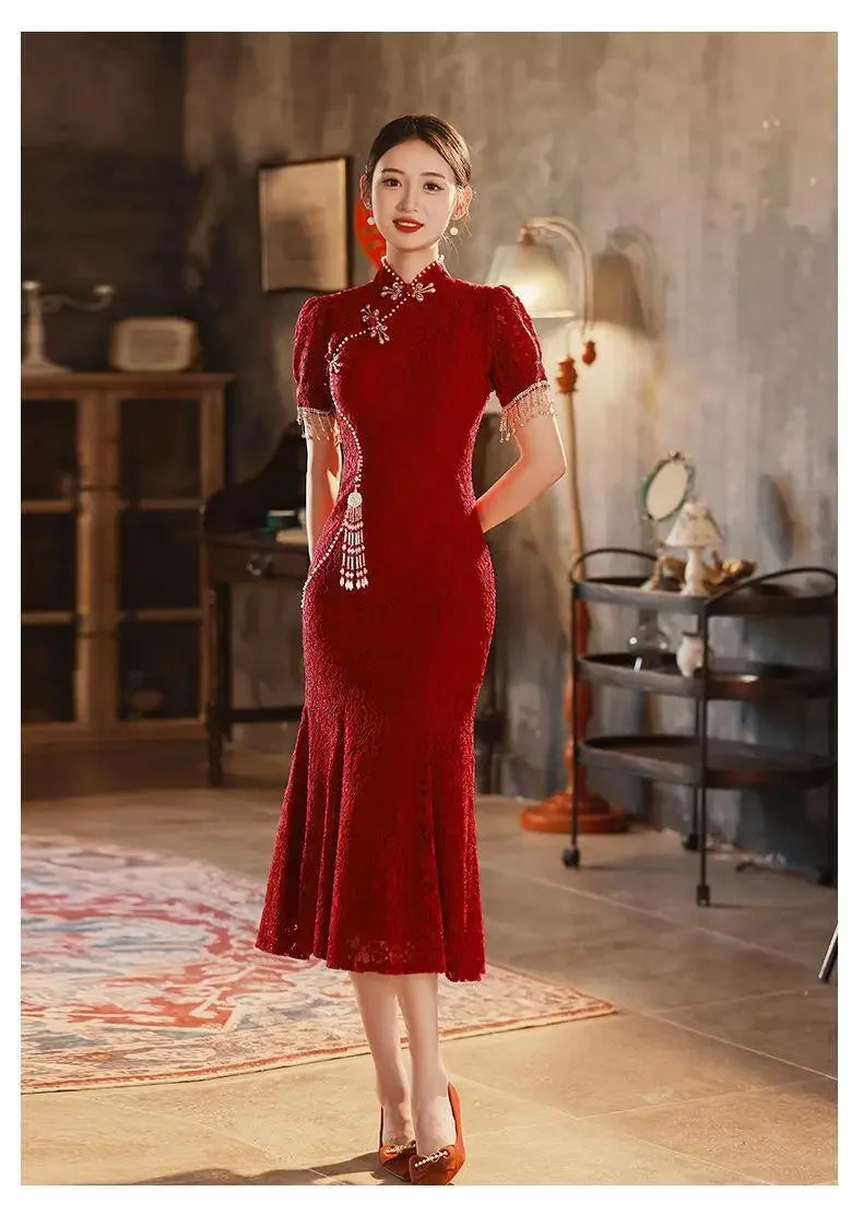 Mermaid Chinese Traditional Dress Red Wedding Bride Toast Clothing Sexy Ladies Cheongsam for Evening Party Woman Vintage Qipao - Seprincess