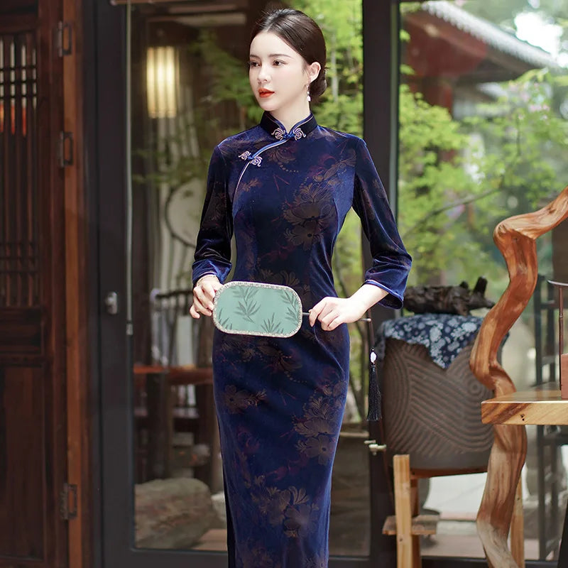 Women Flocking Cheongsam Improved Winter Plus Size Dress Chinese Style Evening Dresses Show Long Qipao Costume 4 Color - Seprincess