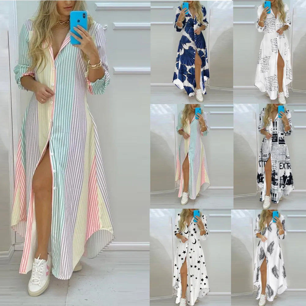 Women Boho Printed Long Shirts Dress Summer Turn-down Collar Long Sleeve Party Dress Female Casual Evening Maxi Dresses Vestidos - Seprincess