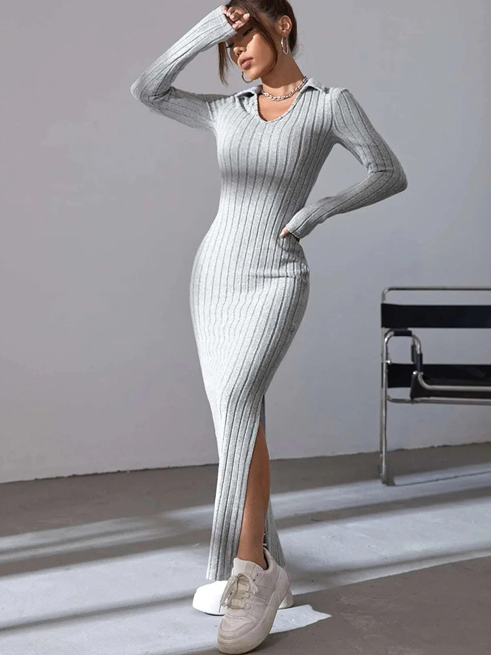 2024 Europe And The United States Autumn And Winter New Knitted Slim-Fit Lapel Long Sleeve Pit Strip Solid Color Tight Dress - Seprincess