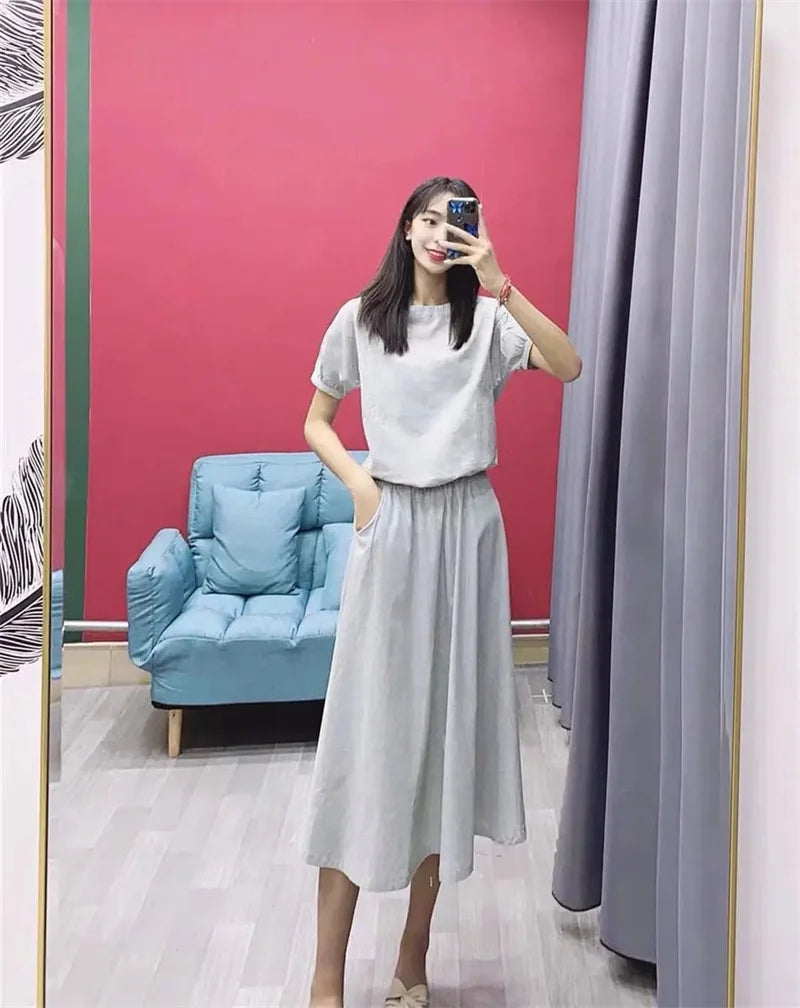 Cotton Linen Skirt Two-Piece Women's Summer 2024 New Set Slim Skirts Sleeve Suit Skirts Fashion 2PCS Temperament Female Outfit - Seprincess