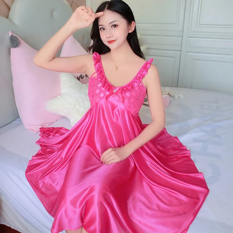 Thin Silk Lady Charming Sleepwear Night Dress Women Sexy Soft Lingerie Spaghetti Strap Home Wear Honeymoon Bride Wedding Nighty - Seprincess