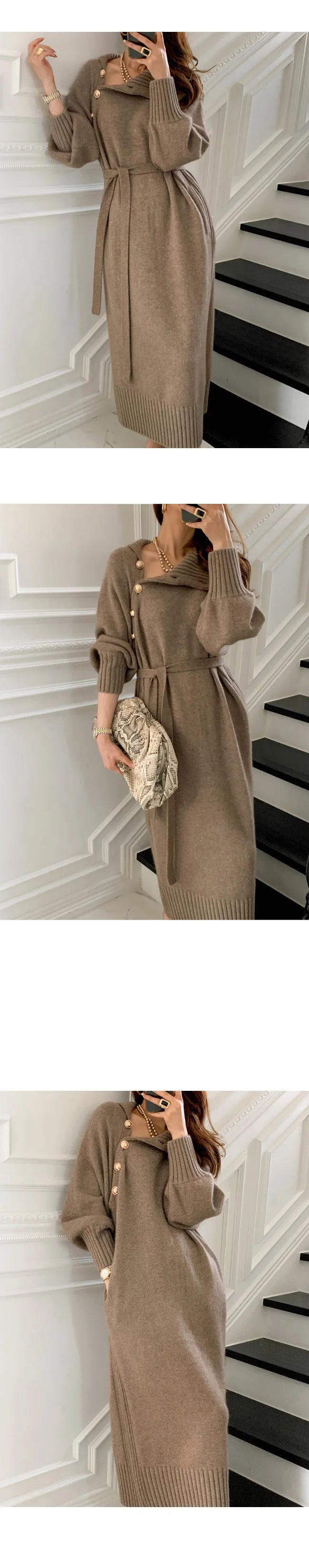 Women Dress Full Sleeve Button Irregular Long Dresses Turtleneck Party Slim Fit Lace Up Tight High Waist Elegant Vestidos - Seprincess