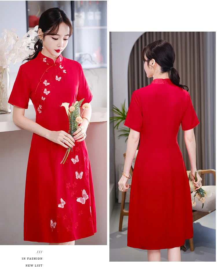 Retro Ethnic Style Chinese Traditional Qipao Dress Fashion Embroidered Improved Red Cheongsam CNY - Seprincess