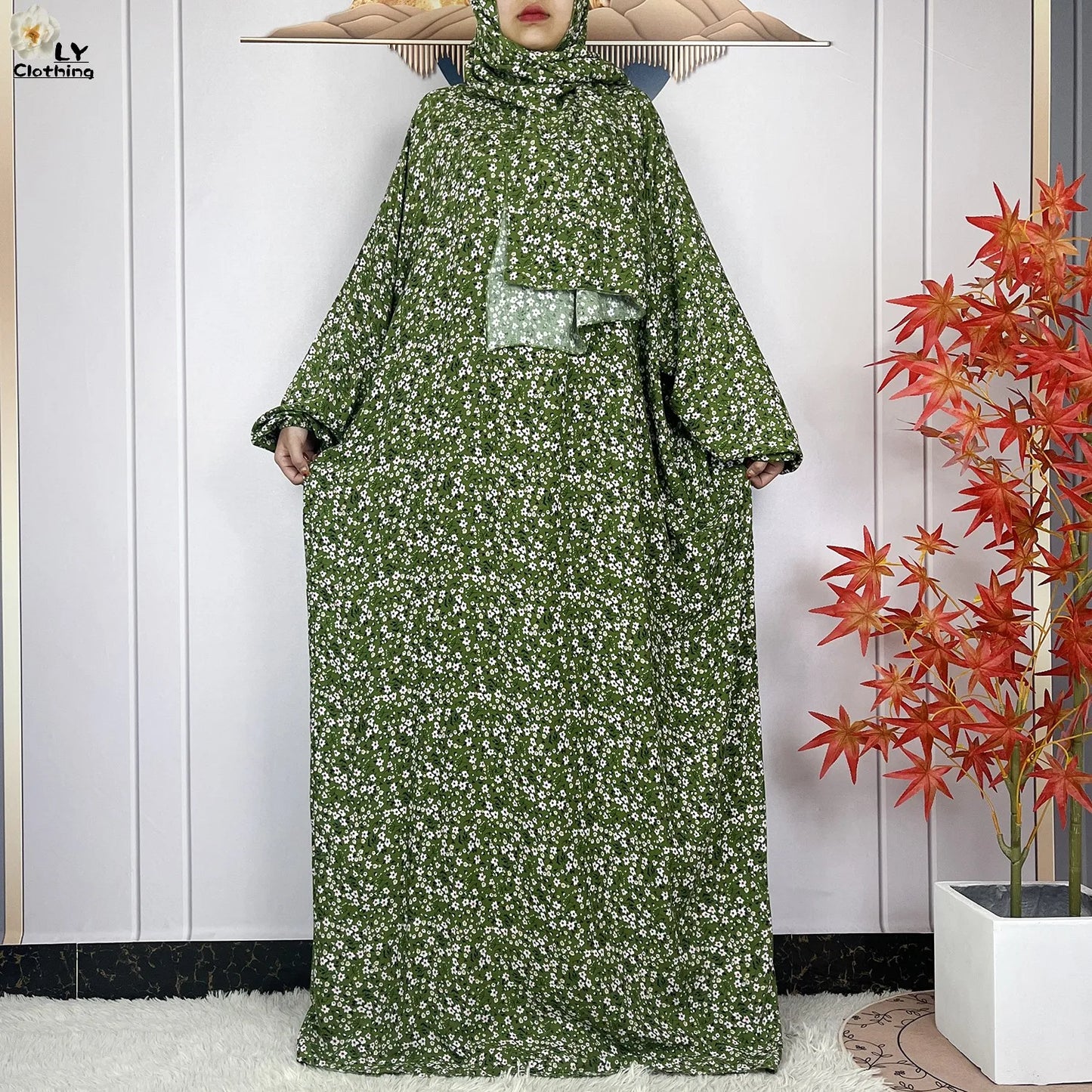 2024Latest Muslim Abayas For Women Ramadan Prayer Maxi Dubai Turkey Femme Cotton Robe Floral Loose African Dress Turban Attached - Seprincess