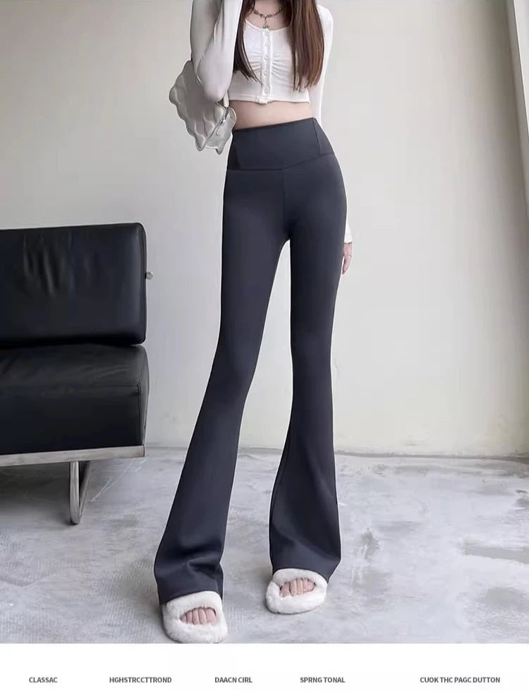 2024 New Autumn and Winter Shark Flared Pants Women's Wear High Waist Skinny Elastic Yoga Fleece Leggings