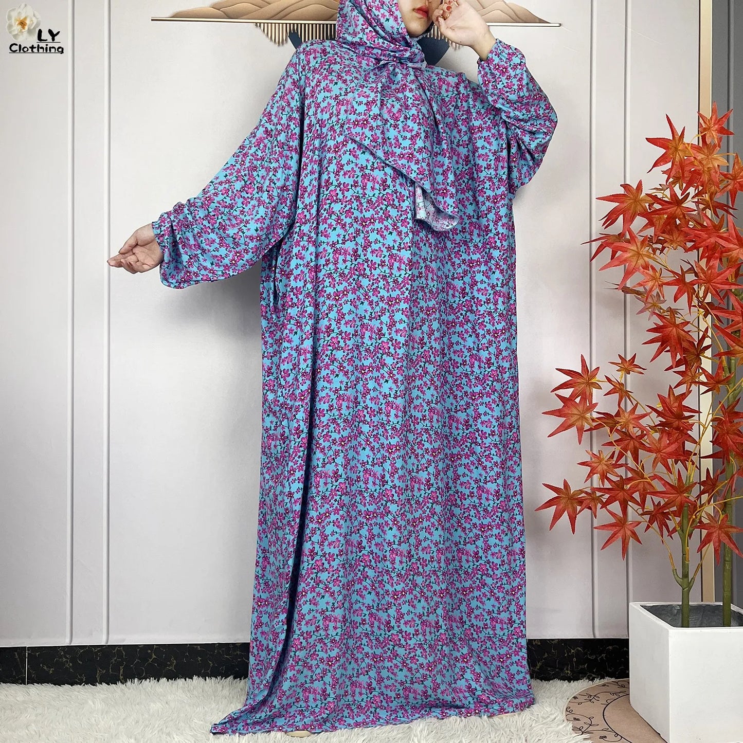 2024Latest Muslim Abayas For Women Ramadan Prayer Maxi Dubai Turkey Femme Cotton Robe Floral Loose African Dress Turban Attached - Seprincess