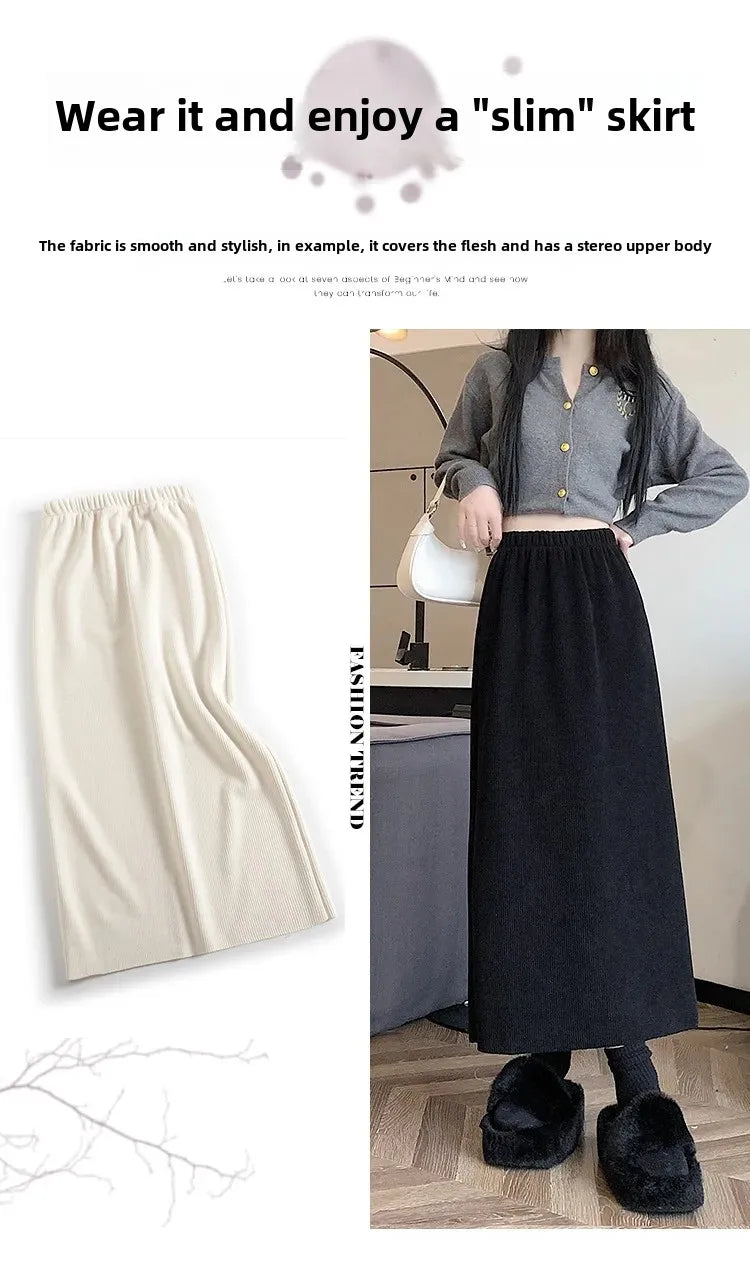 Thickened Fleece-Lined Corduroy Skirt Women's Autumn/Winter 2024 New Medium-Length A- Line Skirt With Side Slit High-Waisted