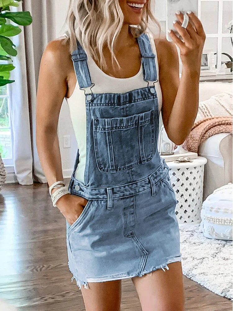 Women's Frayed Hem Adjustable Strap Denim Overall Dress Classic Casual Mini Jean Dresses Pocket Sleeveless Suspender Short Skirt - Seprincess