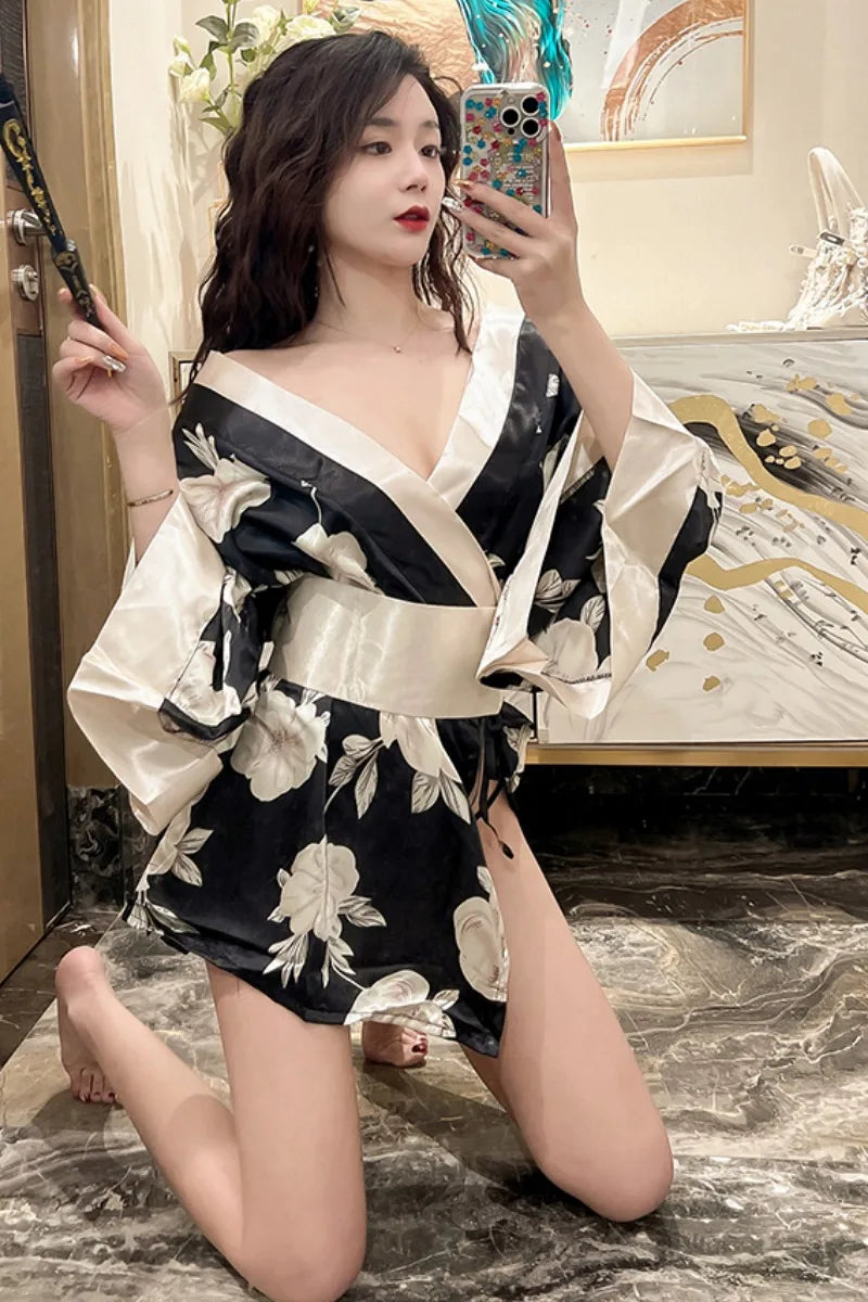 Japanese Kimono Sexy Cosplay Outfit for Women Traditional Style Robe Yukata Sakura Costume Pajamas Soft Silk Belt Lingerie Porno - Seprincess