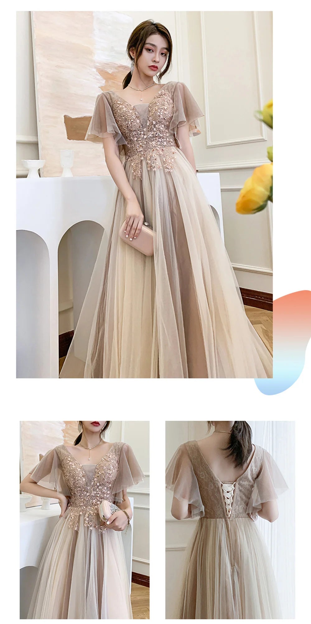 4 styles Champagne Pink Bridesmaid Dress Women's Elegant Off Shoulder Ruffles Sleeves Gown Sequins Flower Applique Vestido - Seprincess