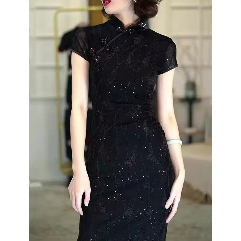 2024 new chinese style retro improved cheongsam dress summer elegant lady elastic slim women sexy long skirt retro qipao dress - Seprincess