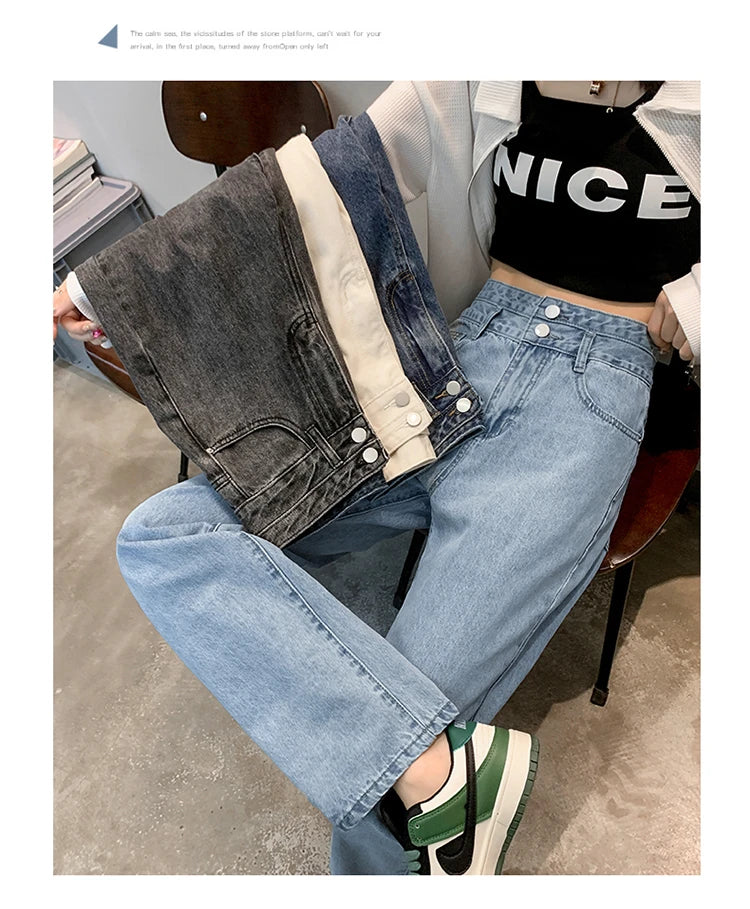 Denim Jeans Women Casual Fashion Button Design Pants Loose Straight Brand High Quality New Arrivals Trousers