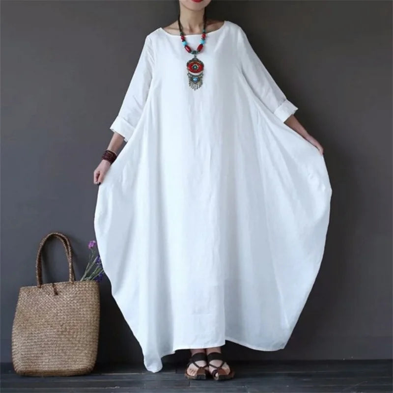 2022 Spring New Loose Size Round Neck Mid-Sleeve Large Swing Cotton And Linen Long Dress - Seprincess