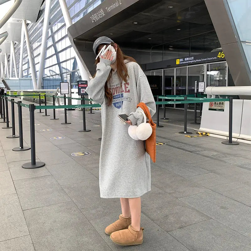 Autumn Winter Women Fleece Thicken Hooded Dress Print Letter Drawstring Korean Fashion Loose Midi Side Slit Oversized Dresses - Seprincess