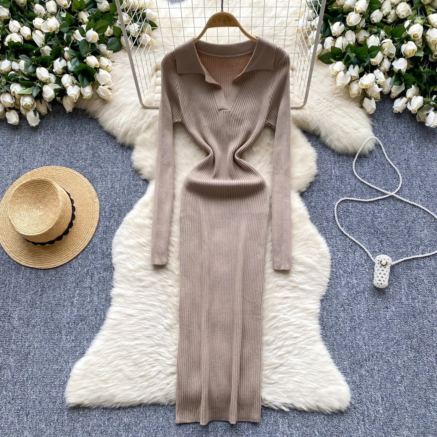 SINGREINY French Vintage Sweater Dress 2024 Ladies Lapel Long Sleeves Autumn Fashion Solid Basics Bodycon Knitted Long Dress - Seprincess