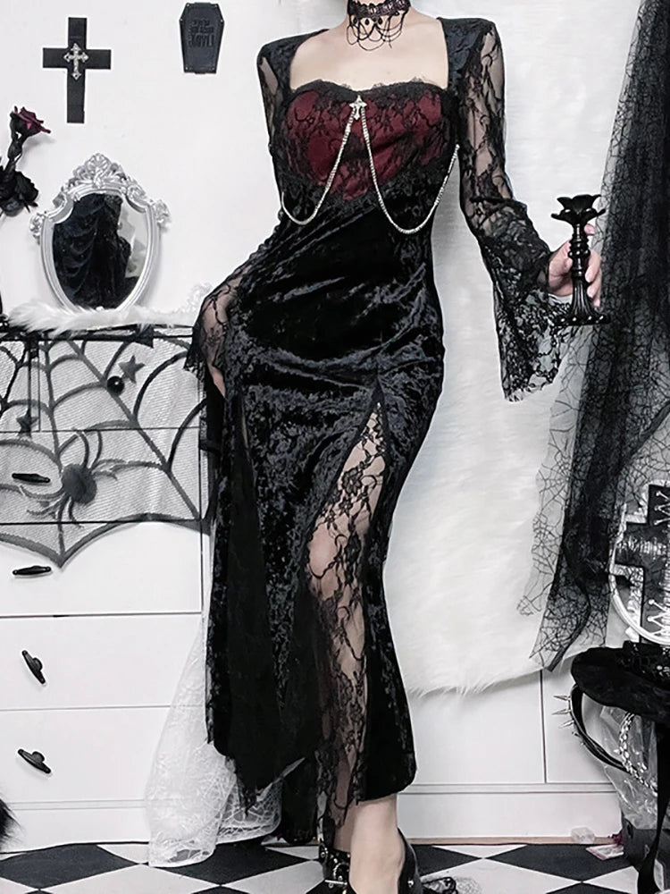 Goth Dark Elegant Mall Gothic Women Evening Dresses Grunge Aesthetic E-girl Velvet Midi Dress Lace Splice Sexy Split Alt Outfits - Seprincess