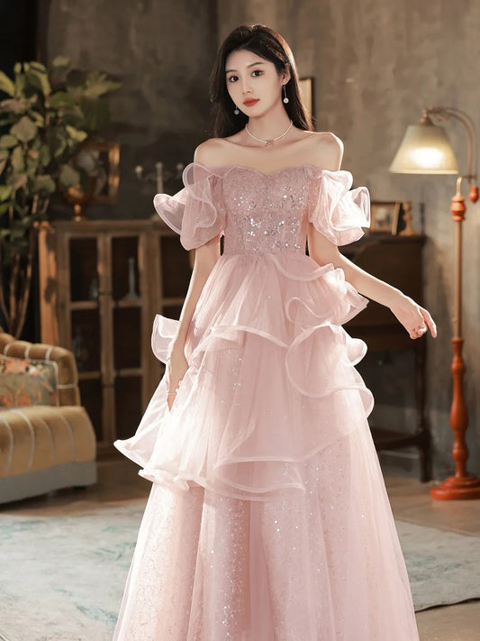 French Style Evening Dress Women's 2023 New Off-shoulder Ruffle Cake Dresses Fashion Lace Up Sequin Floor-Length Prom Gown - Seprincess