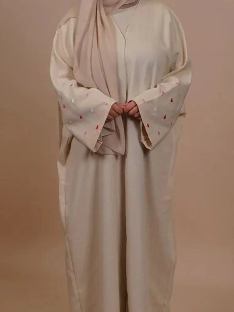 Eid Linen Abaya One Piece Open Cardigan with Heart Design Bat Sleeve Muslim Women Outwear 2024 Ramadan Dubai Arabic Kimono - Seprincess