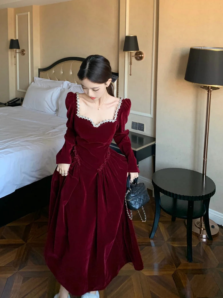 Vintage Evening Party Velvet Dresses for Woman Elegant Fashion Wedding Birthday Prom Long Sleeves Female Clothing Black Robe - Seprincess