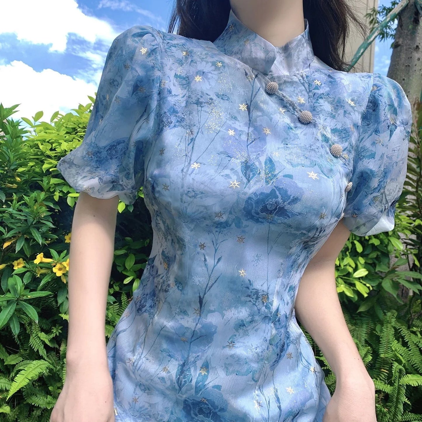 Summer French Short Sleeve Modern Chinese Dress Improvement Cheongsam Girl's Blue Print Fashion Dresses Qipao - Seprincess